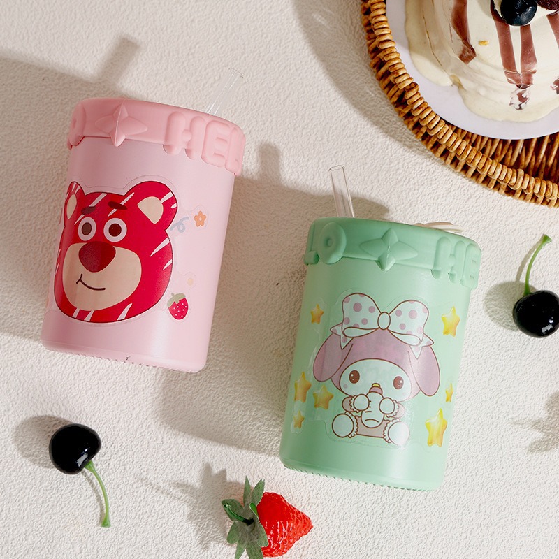 Wholesale cartoon double-layer glass water cups in stock, convenient and portable office cups, cute glass water cups for children and students Specification drawing