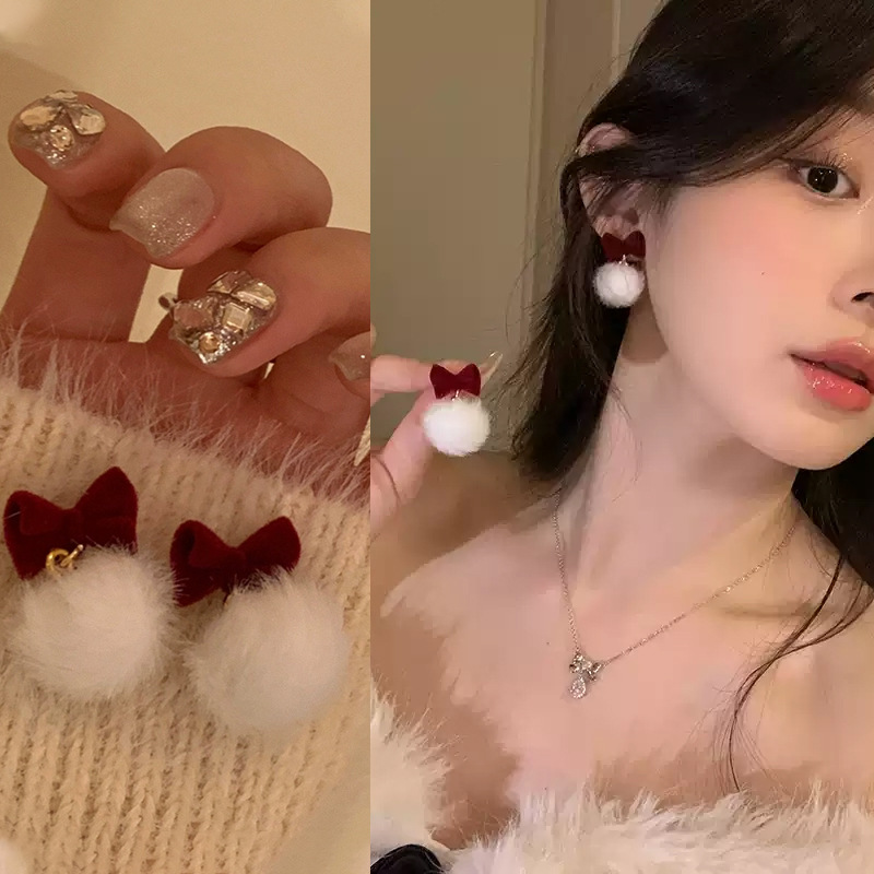 Autumn and winter New Year Red velvet bow plush earrings for women 2024 New Style bestsellers, unique pom-pom earrings full figure