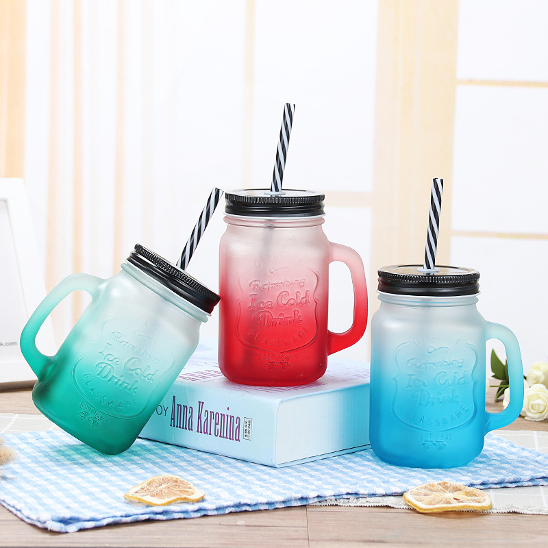Mason straw glass cup with lid, frosted gradient color adult water cup, juice drink cold drink cup, rooster cup Specification drawing