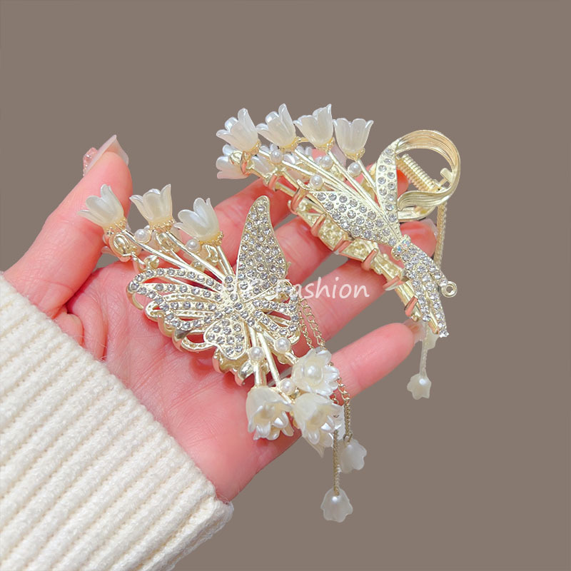 Small lily of the bell, butterfly tassel hairpin, delicate claw clip for women, summer high-end shark clip headwear Specification drawing