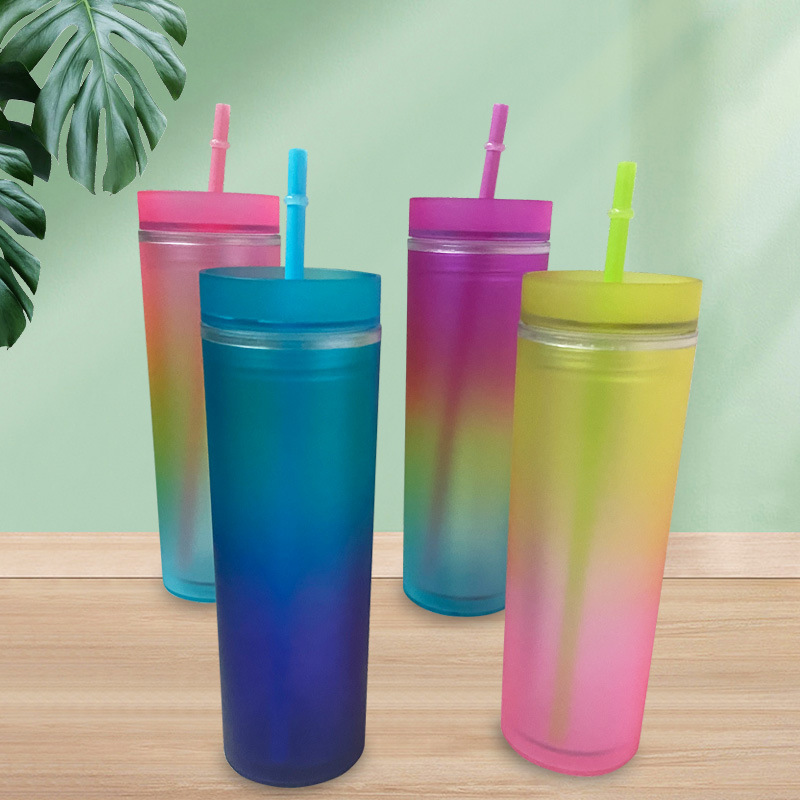 700ml in-stock thermochromic cup, new rainbow color double-layer plastic cup, pp plastic straw cup that changes color when cooled full figure