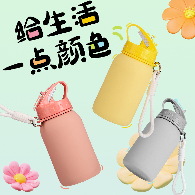 Sports outdoor silicone water bottle, children's travel water cup, portable folding new macaron cute compressed water bottle Application Scenario