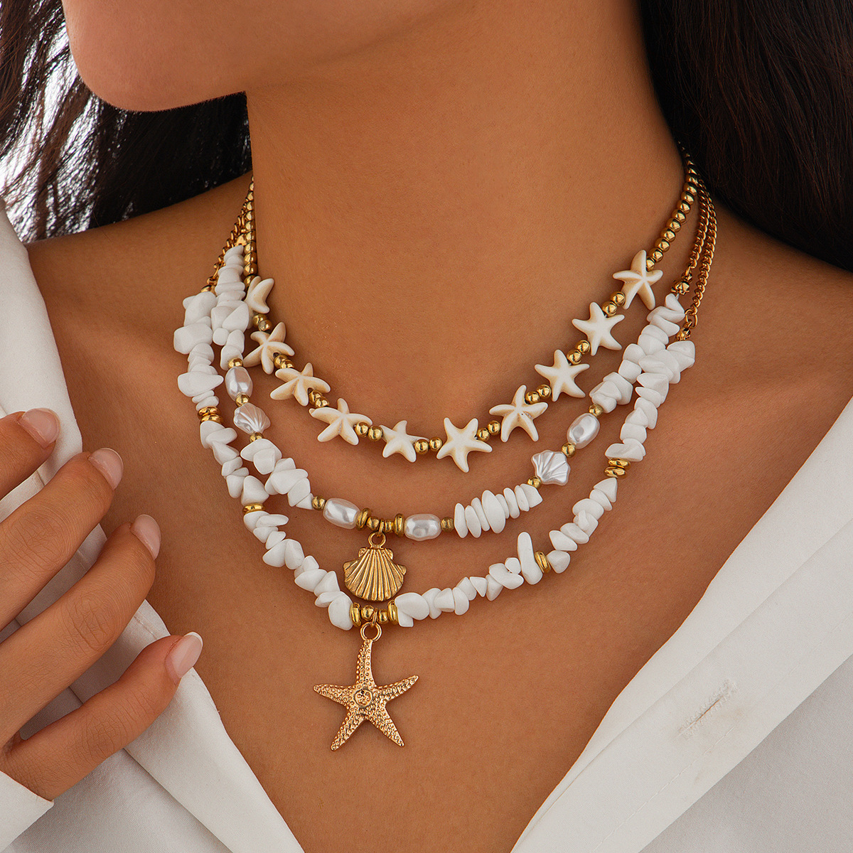 European and American cross-border jewelry, vacation-style shell beaded collarbone chain, beach alloy imitation pearl multi-layer starfish necklace full figure