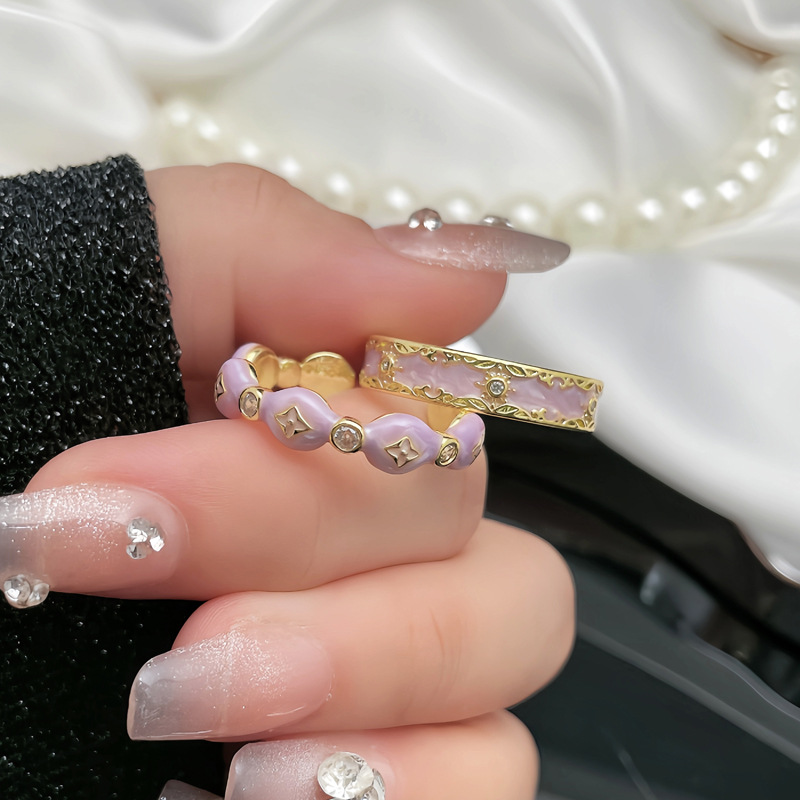 French retro gilded purple drip glaze open ring, feminine charm, niche cold style, sweet and cool fashion ring full figure