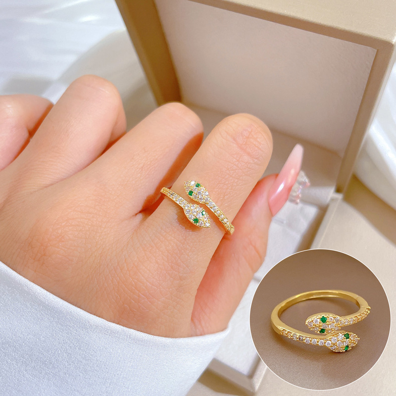 【 Real Gold 】 Green-eyed snake ring with adjustable opening, simple Japanese-style bracelet, couple rings full figure