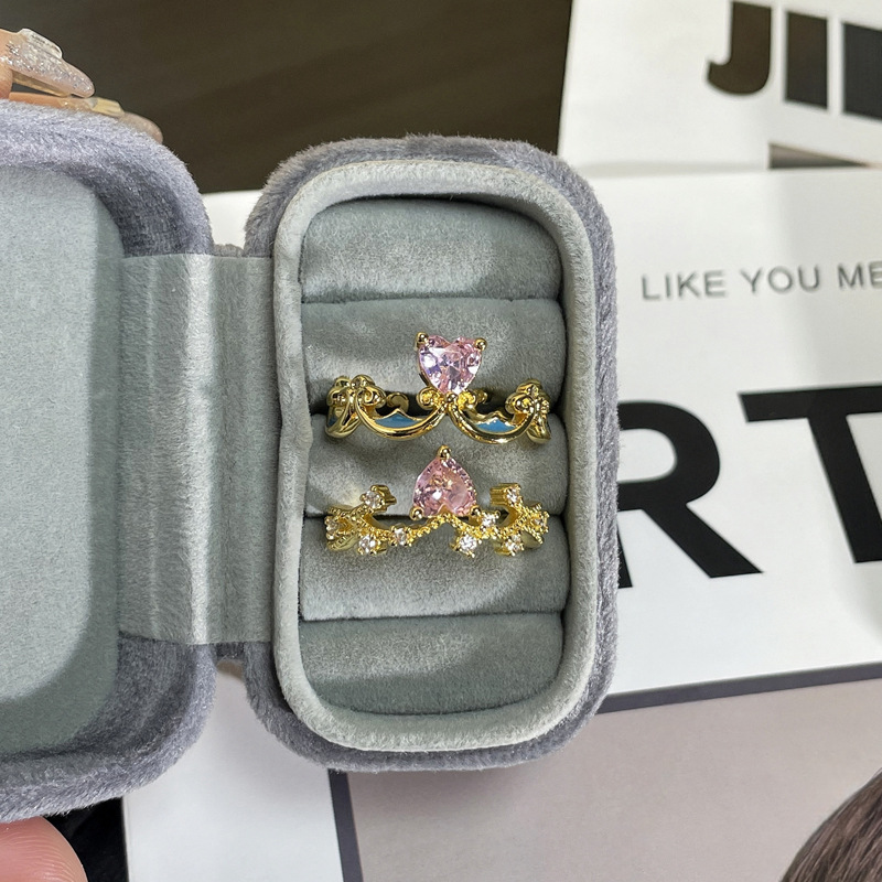 French sweet and cool pink diamond heart-shaped fashionable open ring, women's Instagram cold style crown, simple and individual, versatile ring details Picture