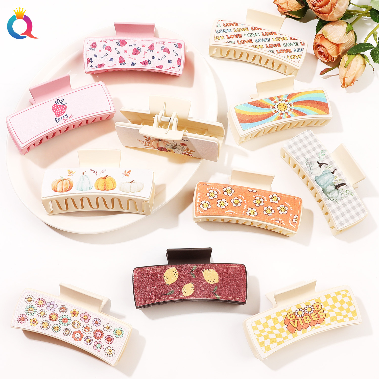 Qiyue Amazon PU Shark clip printed style leather hair clip, cross-border square clip, elegant grab clip hair accessory wholesale details Picture
