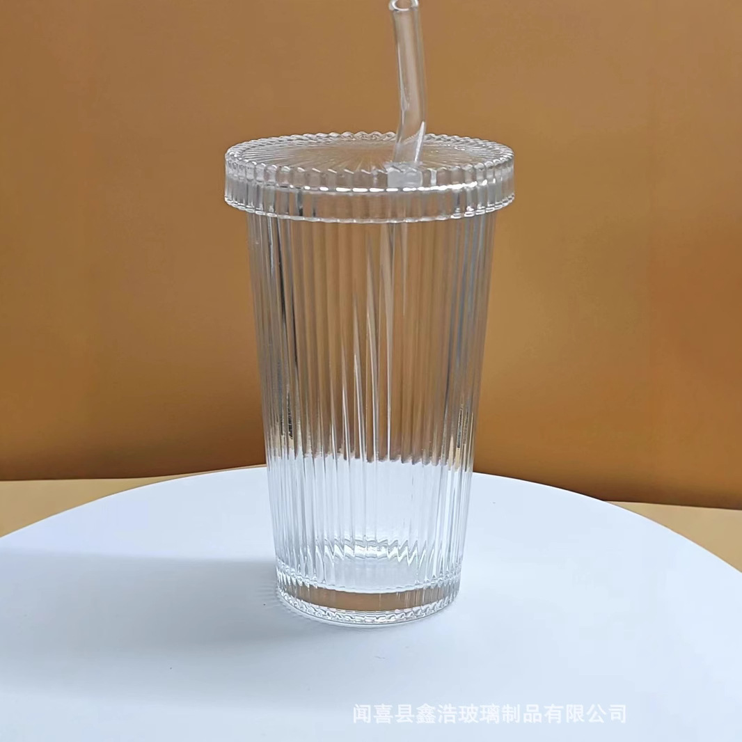 High-quality appearance water cups in stock, simple vertical striped glass cups, glass LIDS, straw cups, milk, coffee and beverages details Picture