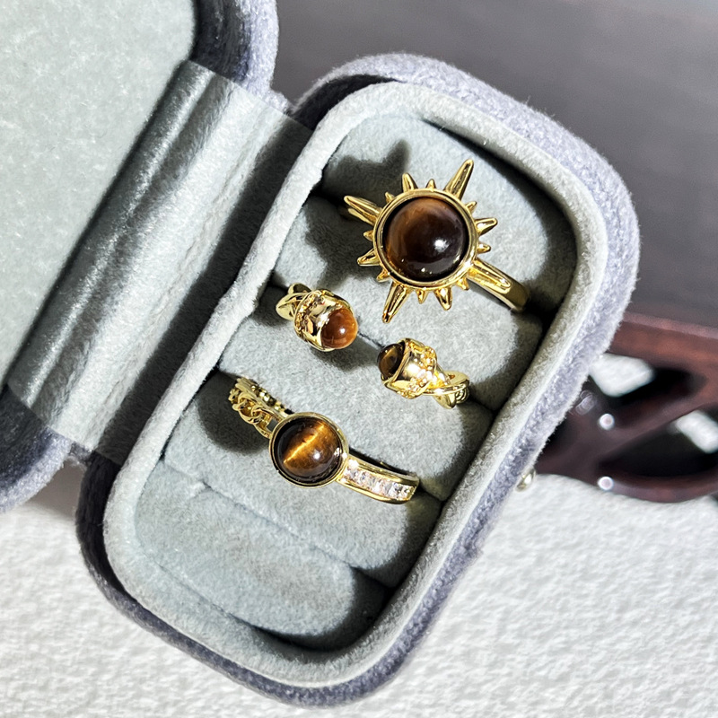New Chinese-style retro sunflower star tiger's eye stone temperament ring, a fashionable index finger ring with a cold and unique style for women Specification drawing