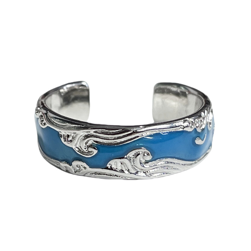 Fashionable couple rings, sea blue glazed wavy, unique and cool open rings, gender-neutral and niche rings Item Picture