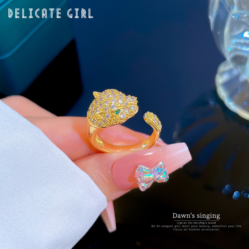 【 Real Gold 】 Heavy Industry leopard head Full diamond ring with adjustable opening, simple jewelry, Japanese-style ring couple rings details Picture