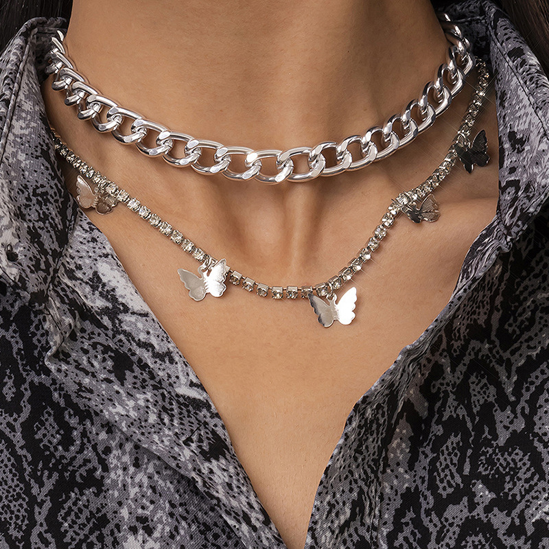 European and American cross-border jewelry: Simple double-layer alloy small butterfly chain necklace, geometric style full diamond collarbone necklace full figure
