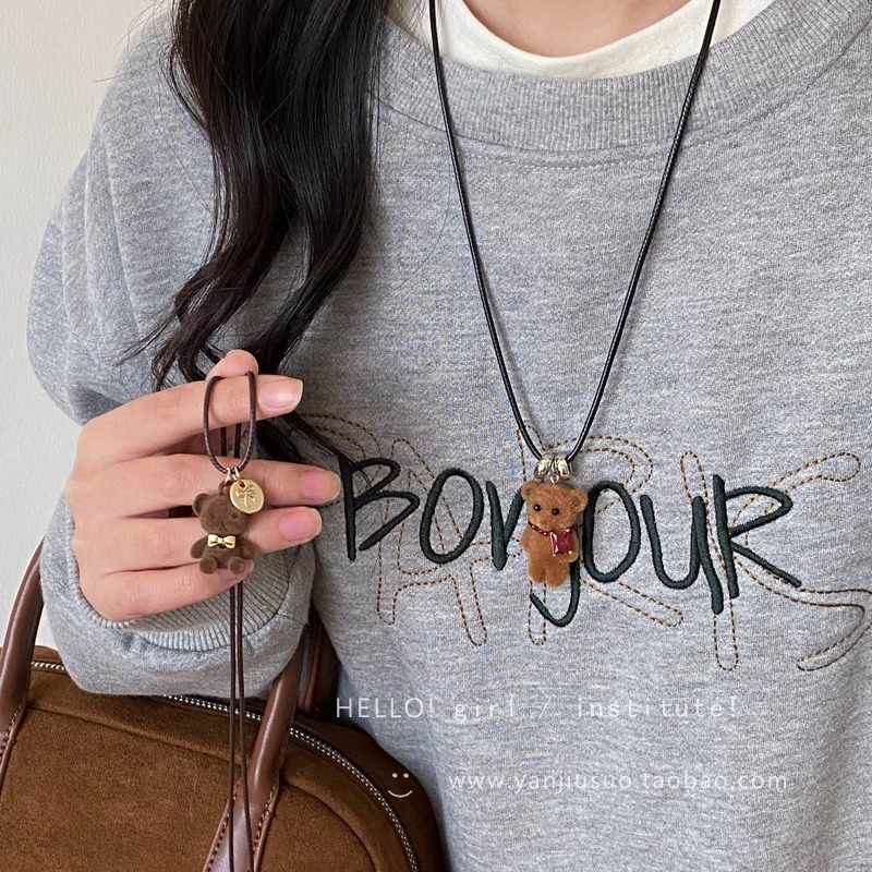 Cute brown plush bear pendant necklace for women, sweet and cool autumn and winter, long accessory for hot girls, Melade-style sweater chain details Picture