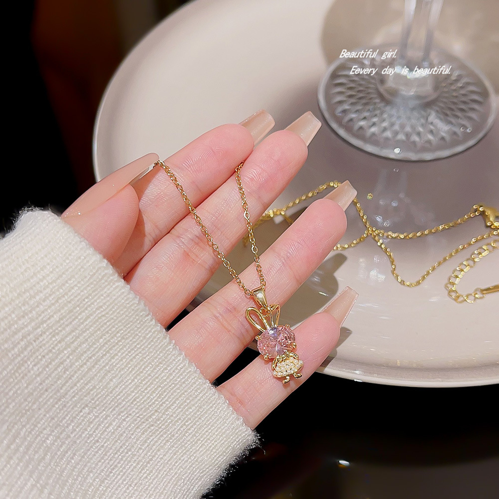 Japanese-style fresh and delicate accessories, cartoon rabbit zircon sparkling diamond pendant, versatile and cute style, titanium steel non-fading necklace for women details Picture