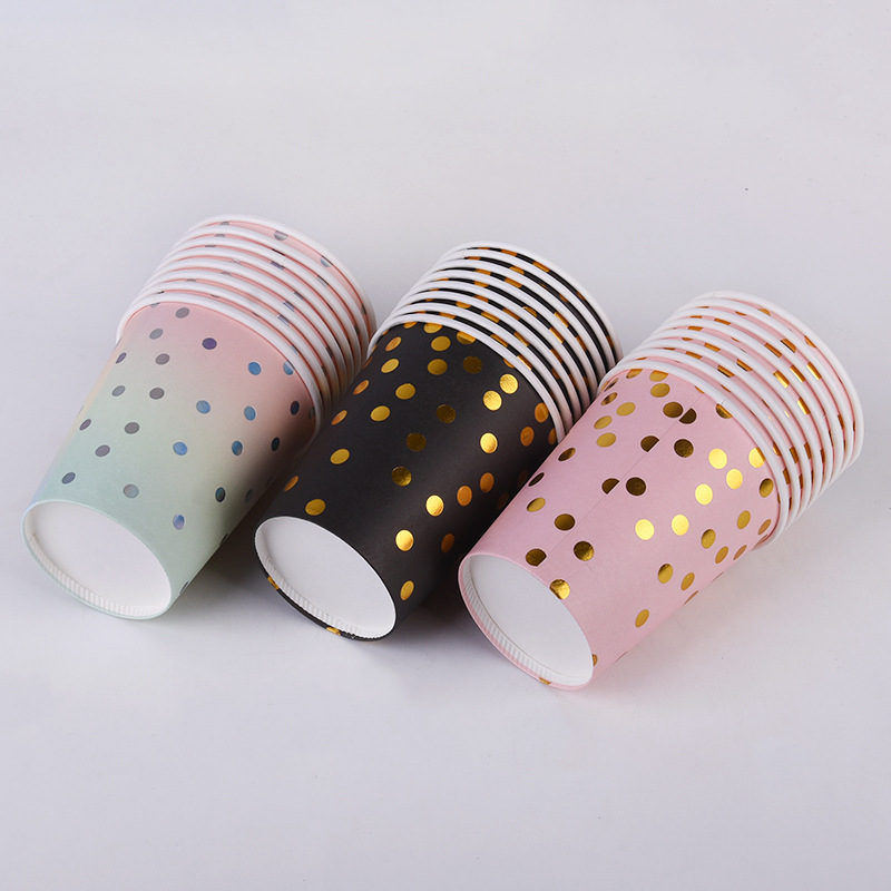 The manufacturer offers disposable, environmentally friendly and degradable gold-embossed paper cups in stock for festivals, birthdays and party beverages Specification drawing