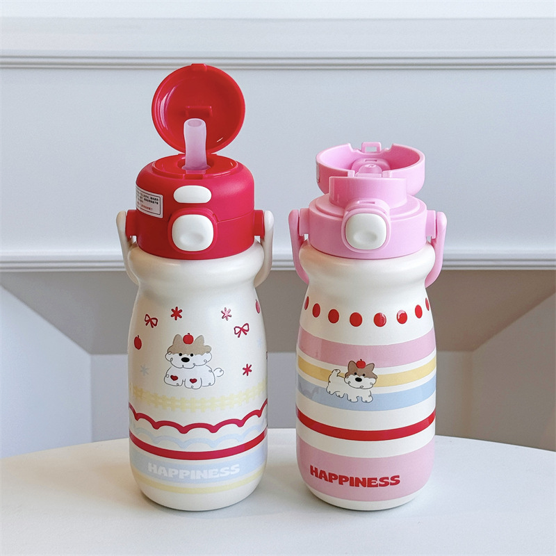 High appearance level handle double-drinking cup for students and couples, cute cartoon insulated cup, stainless steel outdoor portable straw cup for women details Picture