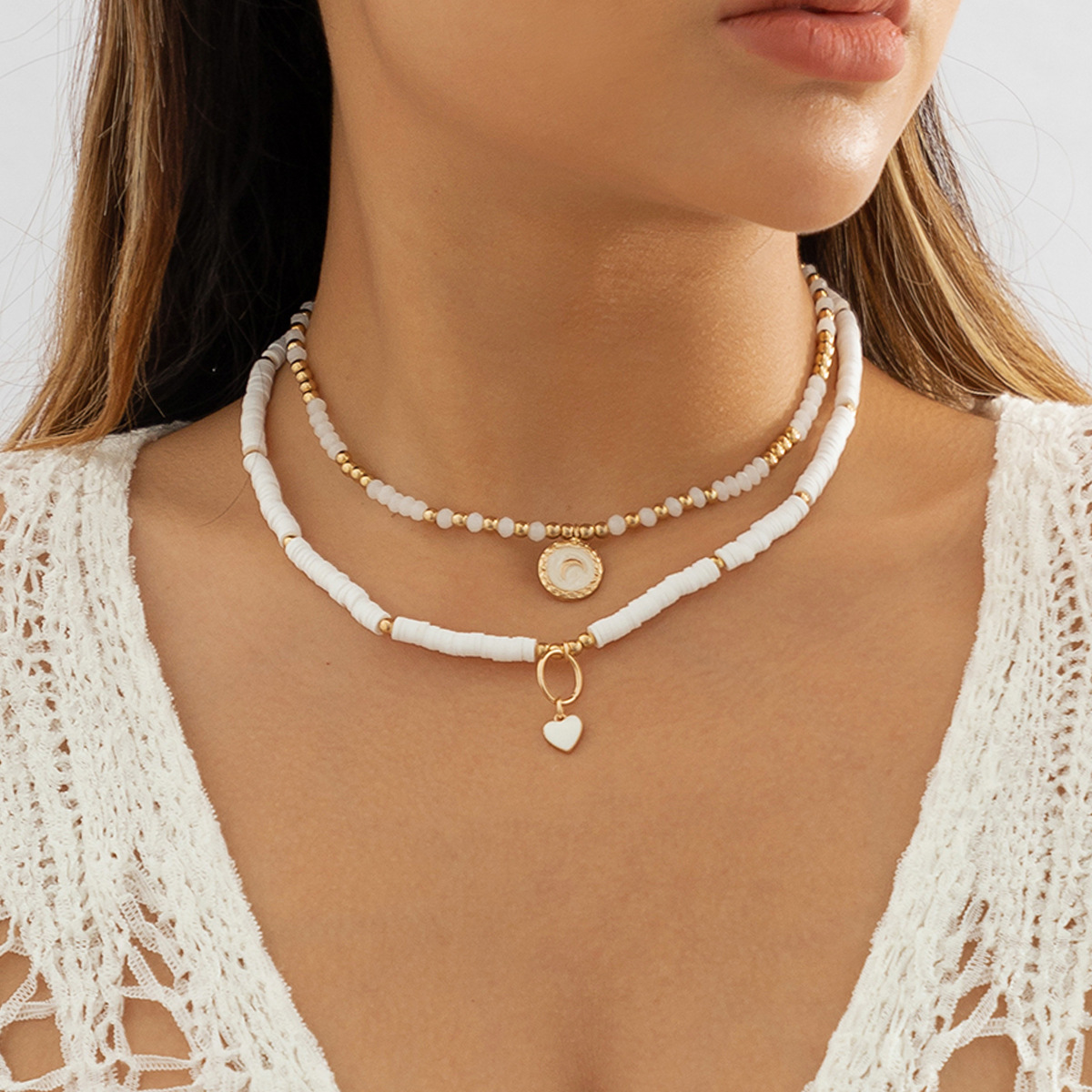 European and American cross-border jewelry, Bohemian retro style soft clay necklaces, simple ethnic style heart-shaped crystal necklaces full figure