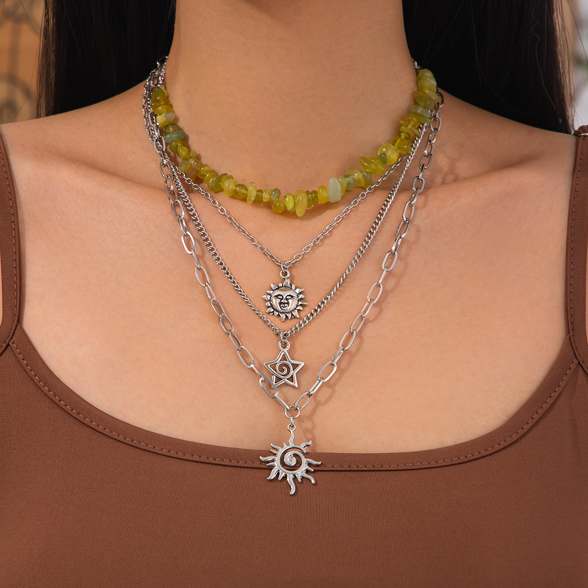 European and American cross-border jewelry, fashionable vacation style, stacked stone necklace, star and moon alloy pendant, collarbone chain Specification drawing