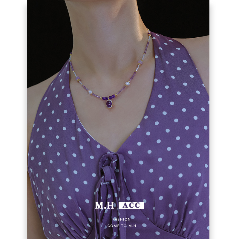 Carefully selected new Chinese-style, fashionable, retro and exquisite amethyst zircon necklace, light luxury, niche fashion and high-end collarbone chain details Picture