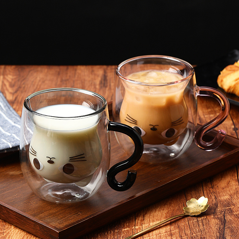 Creative gifts: cat cups, home breakfast coffee cups, high-temperature resistant milk cups, double-layer glass cups, cute pets Specification drawing