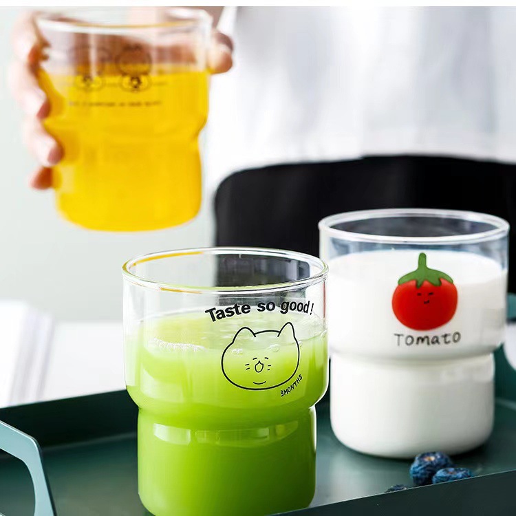 New popular bamboo joint cups, high borosilicate glass cups, cold and hot resistant microwave cups, cute cartoon juice cups and milk cups Specification drawing