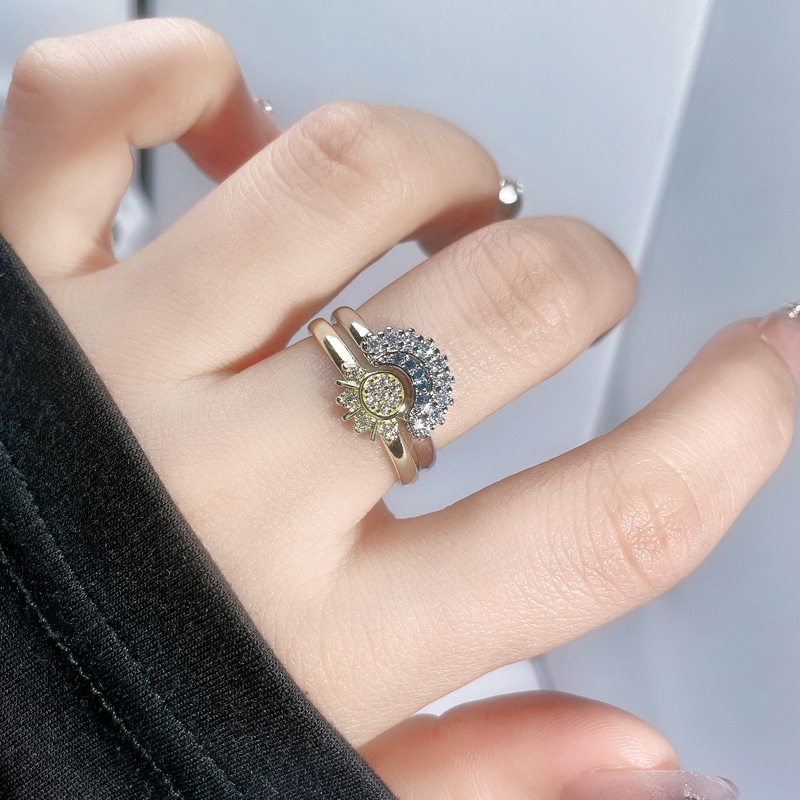 Pan Family's new sun and moon stackable combination two-color ring, full of diamonds, sweet and cool style, couple personality and fashion set ring trend full figure
