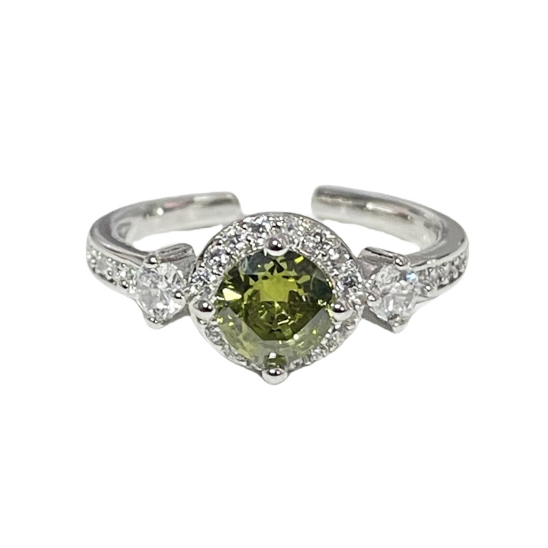 Korean-style fashionable, sweet and cool olive green zircon personalized open ring for women, light luxury, niche and cold style exquisite food ring Item Picture