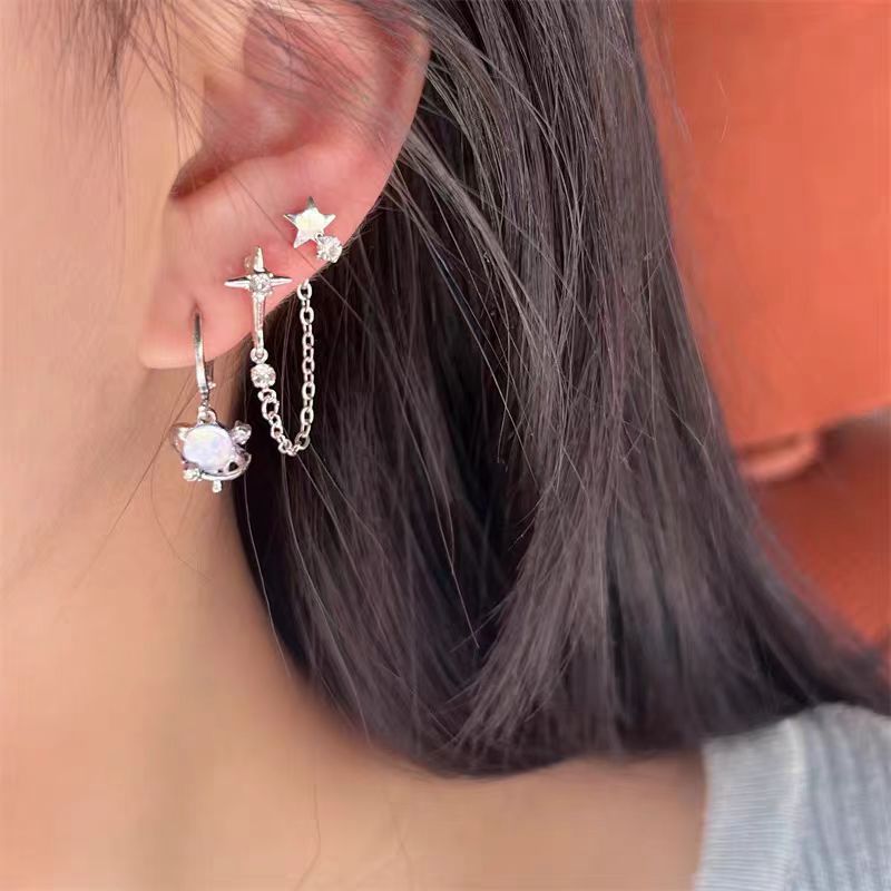 Surprise ~ 6-piece set of ear studs ~ Star Chain design earring and ear stud set, stylish and versatile Planet Zircon earrings Specification drawing