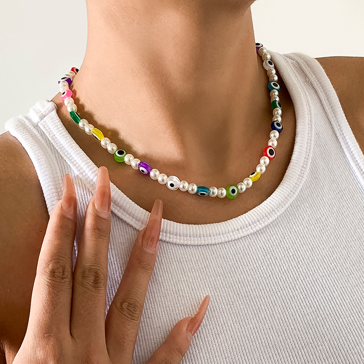 European and American cross-border jewelry mixed and matched beaded acrylic eye cool single-layer necklace, pastoral imitation pearl contrasting color necklace Specification drawing