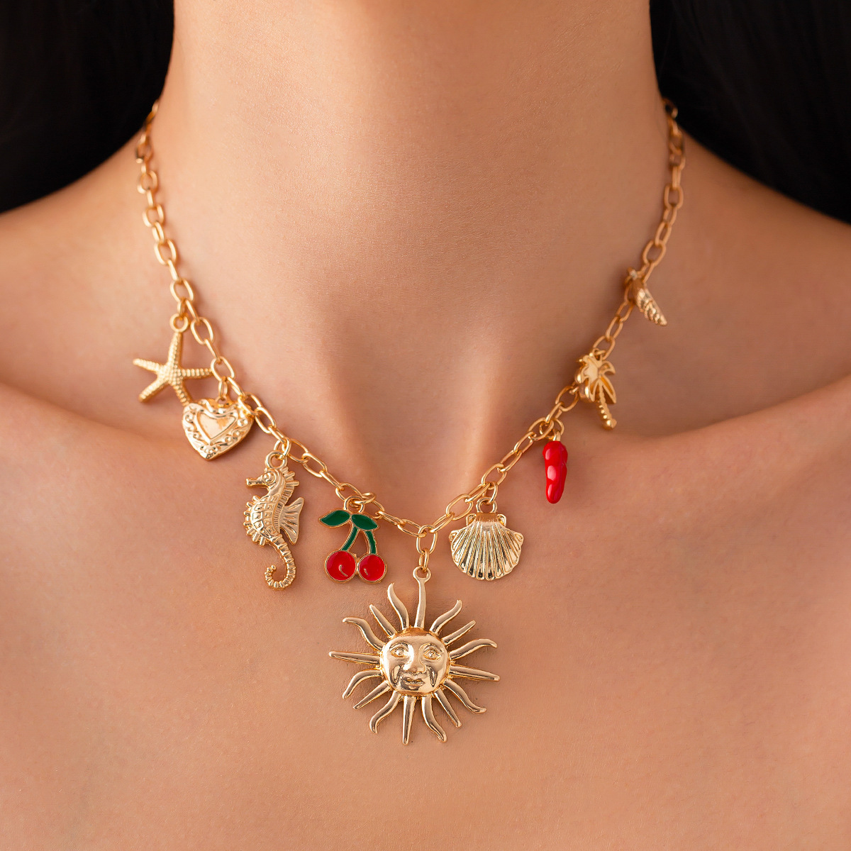 European and American cross-border jewelry, vacation cherry and chili oil drip pendant necklace, retro ocean style alloy collarbone chain full figure