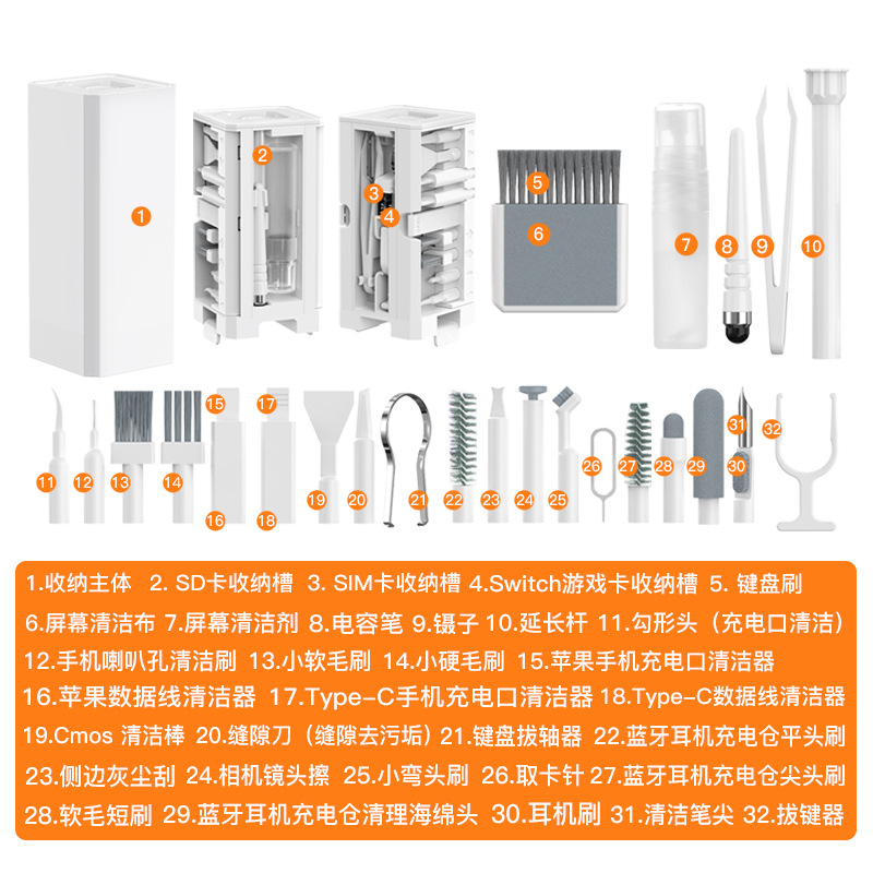 24 brand-new upgraded Q32 32-in-1 multi-functional cleaning sets for deep cleaning of computers, headphones and mobile phones Application Scenario