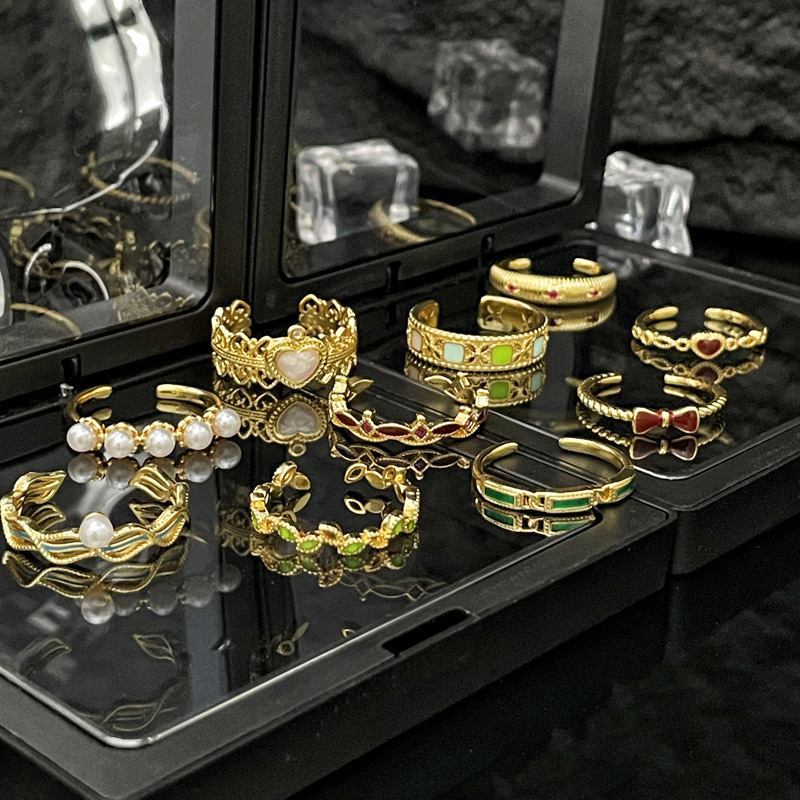New Chinese-style retro niche heart-shaped glazed open-mouth ring for women, with irregular geometric lines, unique and elegant index finger ring Specification drawing