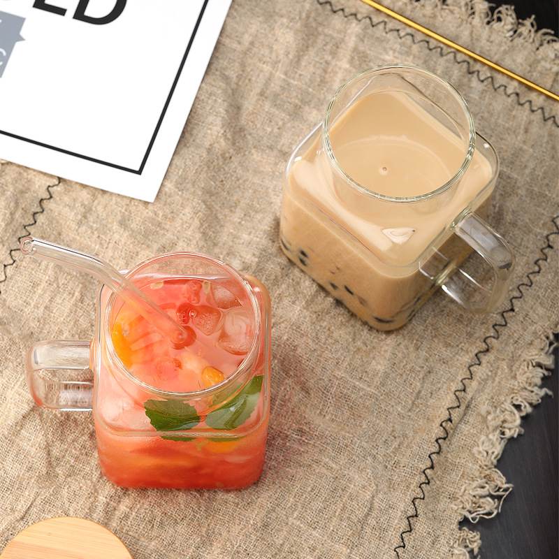 Straw glass cup, ins style, household high borosilicate strap, Mark water cup, large capacity, office covered cup Specification drawing