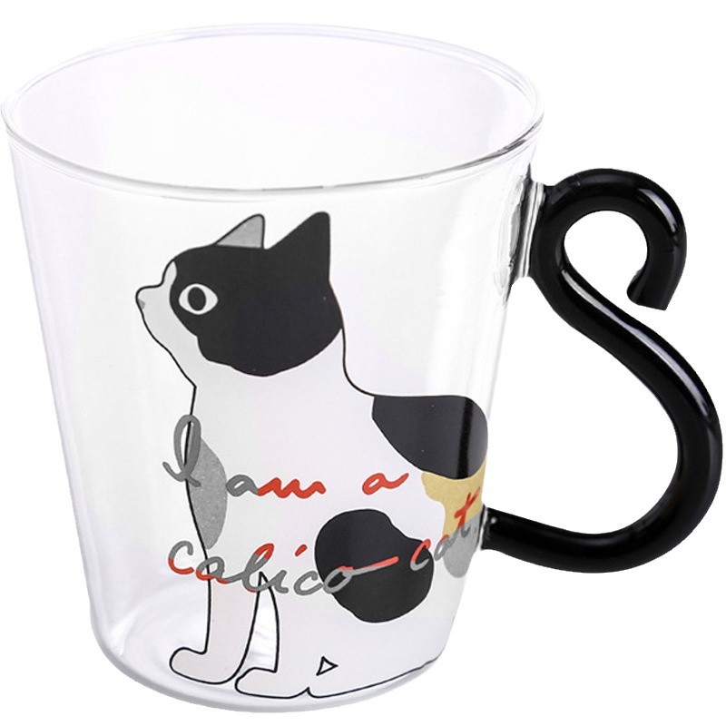 Household cartoon cat cups, popular high borosilicate glass cups with handles, couple water cups, children's milk coffee cups Item Picture