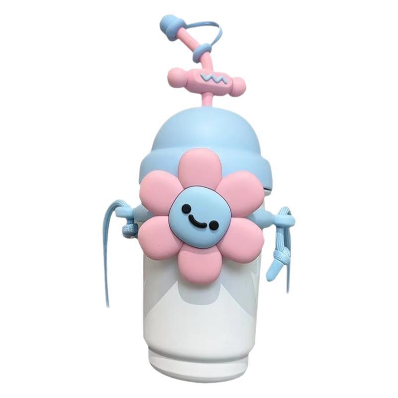 Popular cartoon vacuum straw insulated cup for women, 316 stainless steel milk tea cup, high appearance level, flower water cup with handle rope Item Picture