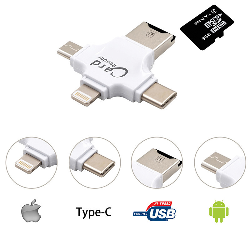 The multi-functional OTG card reader is compatible with the Apple iphone and Android Type-C four-in-one adapter converter Item Picture