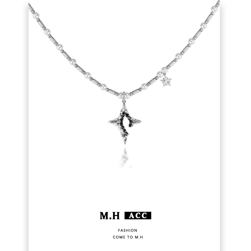 Unique and original hollowed-out four-pointed star necklace for women, 2025 new style, light luxury, fashionable, niche and high-end collarbone chain full figure