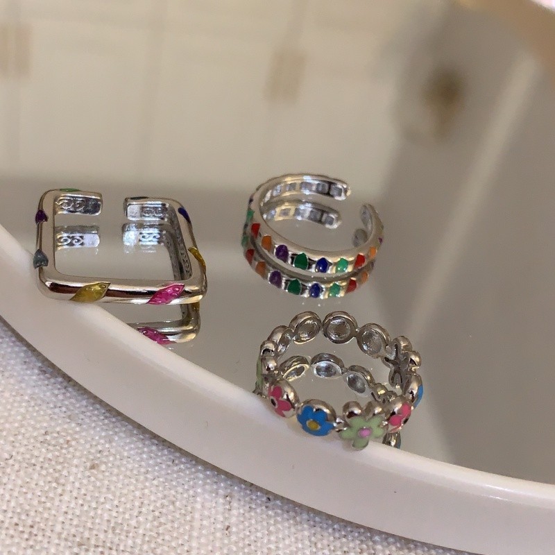 Colorful glazed small flower open ring, a niche design for women, a new trendy, light luxury and high-end dining ring trend in 2023 Specification drawing