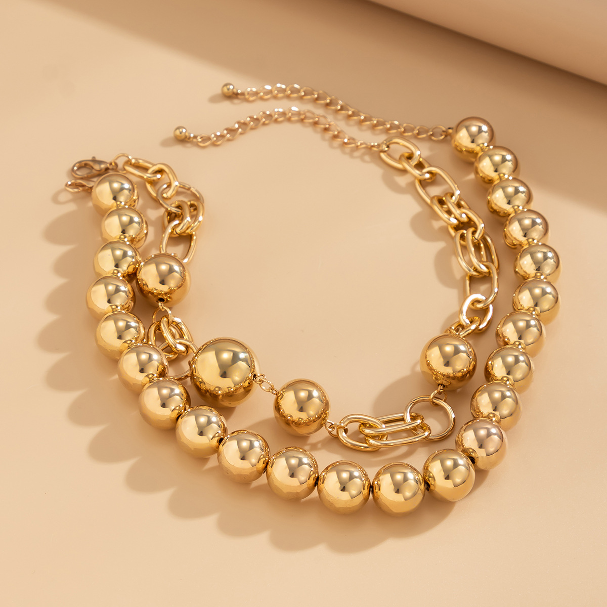 European and American cross-border jewelry creative punk style round bead double-layered wearing necklace necklace exaggerated metal chain Application Scenario