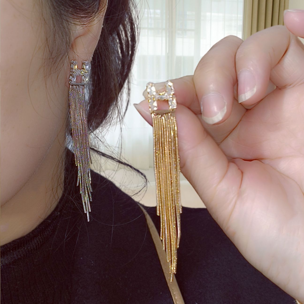 Light luxury Korean-style long fringed zircon H-letter stud earrings and earrings with a feminine, high-end and niche design sense full figure
