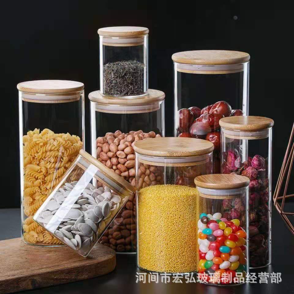 Bamboo lid sealed storage jar, large-capacity kitchen storage jar, heat-resistant tea jar set, zero-sugar nut bottle Specification drawing