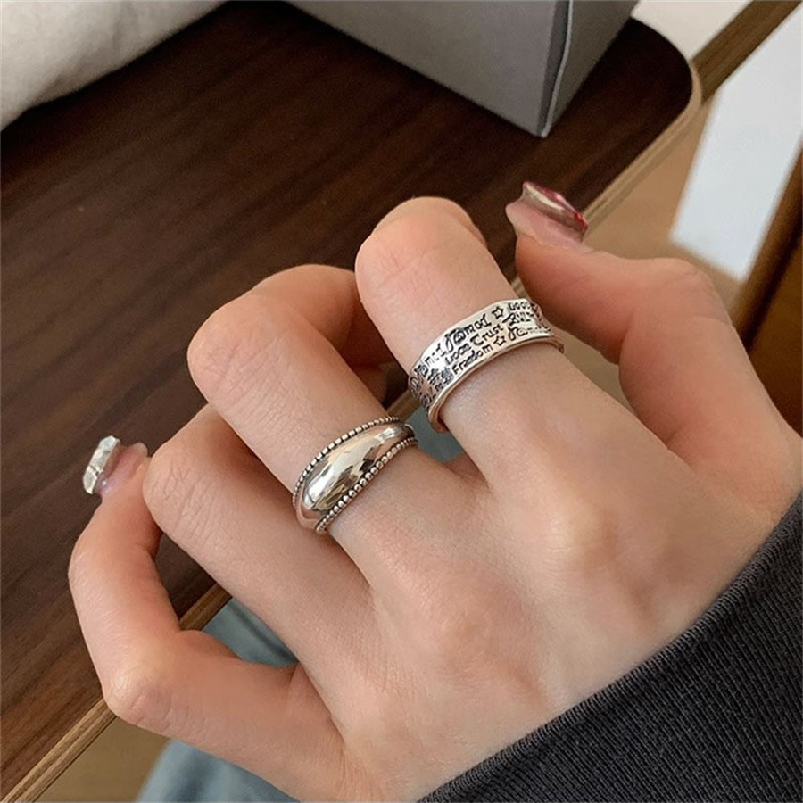 Retro heavy industry distressed letter ring, women's niche design index finger ring, high-end and versatile, adjustable opening ring full figure