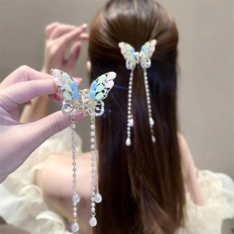 Elegant and refined butterfly tassel hair clip, women's Chinese-style semi-tied ponytail clip, back of the head hair tie clip, sweet hair accessory details Picture