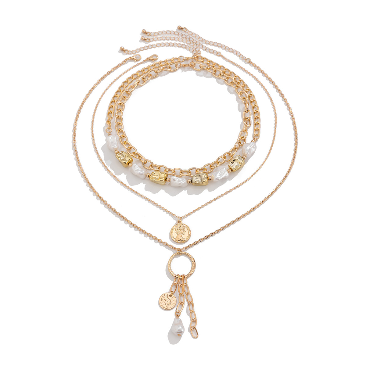 European and American cross-border jewelry, exaggerated multi-layer alloy round piece necklace set, personalized irregular pearl collarbone chain for women Item Picture