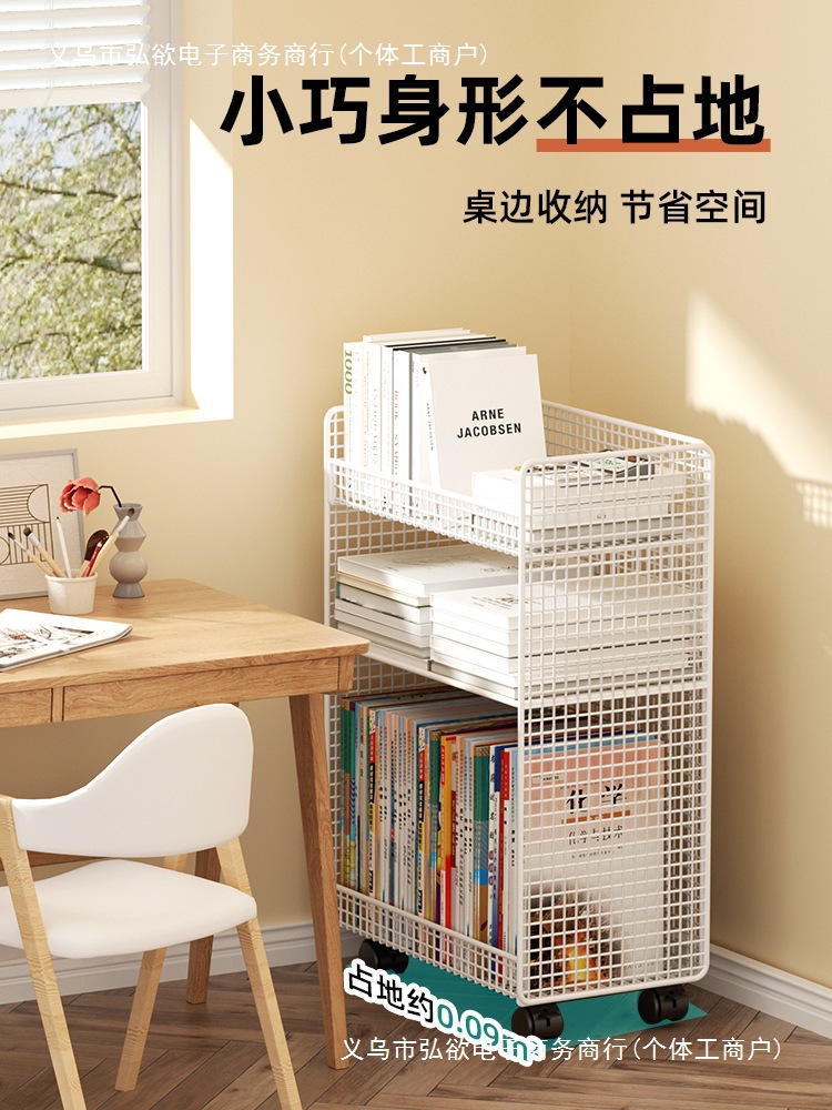 Under the desk, a small bookshelf beside the desk, a movable wheeled floor-standing office desk, a trolley for book storage, and a bookcase details Picture