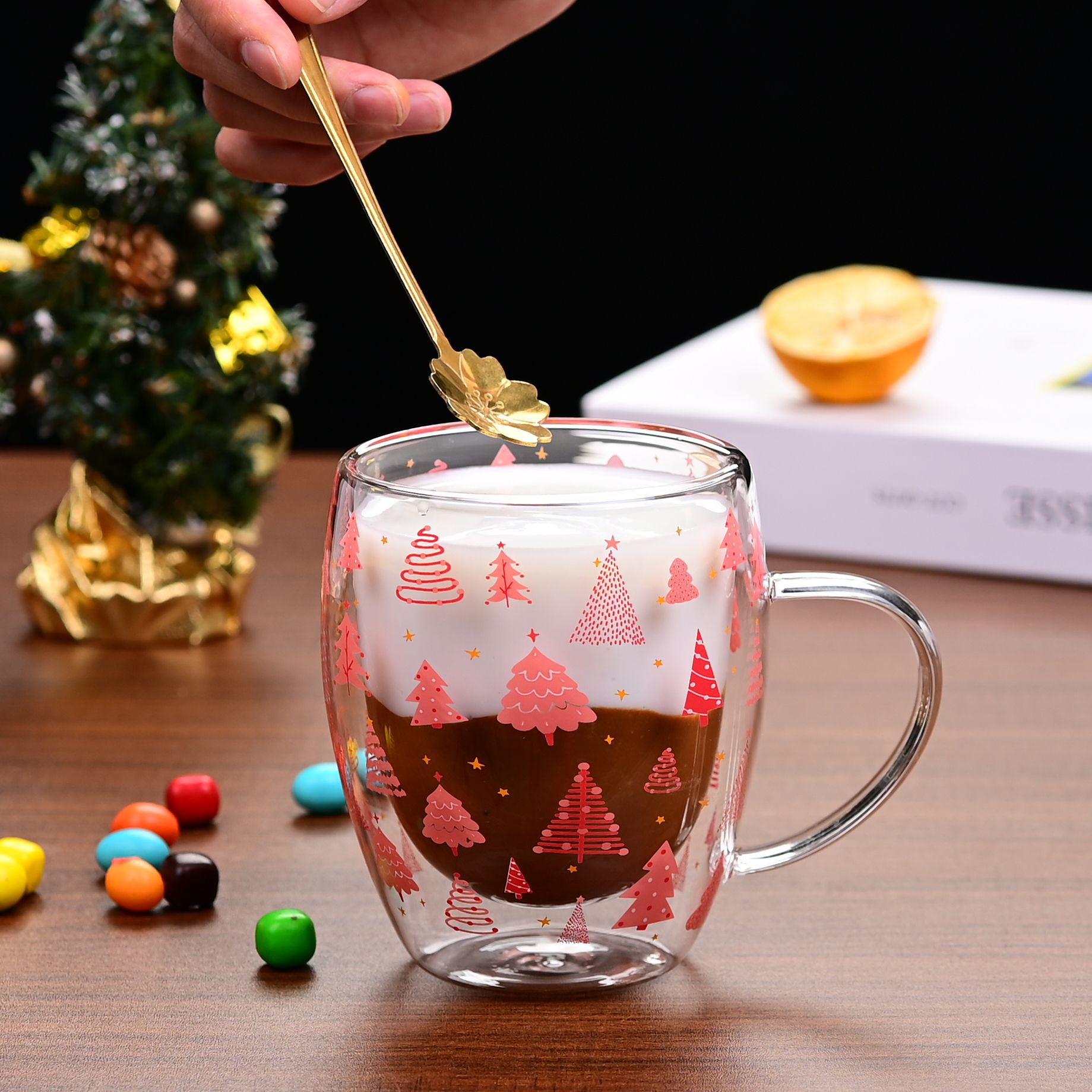 Cross-border American Christmas office pink Christmas tree, home double-layer insulated high boron glass cup, Internet celebrity style details Picture