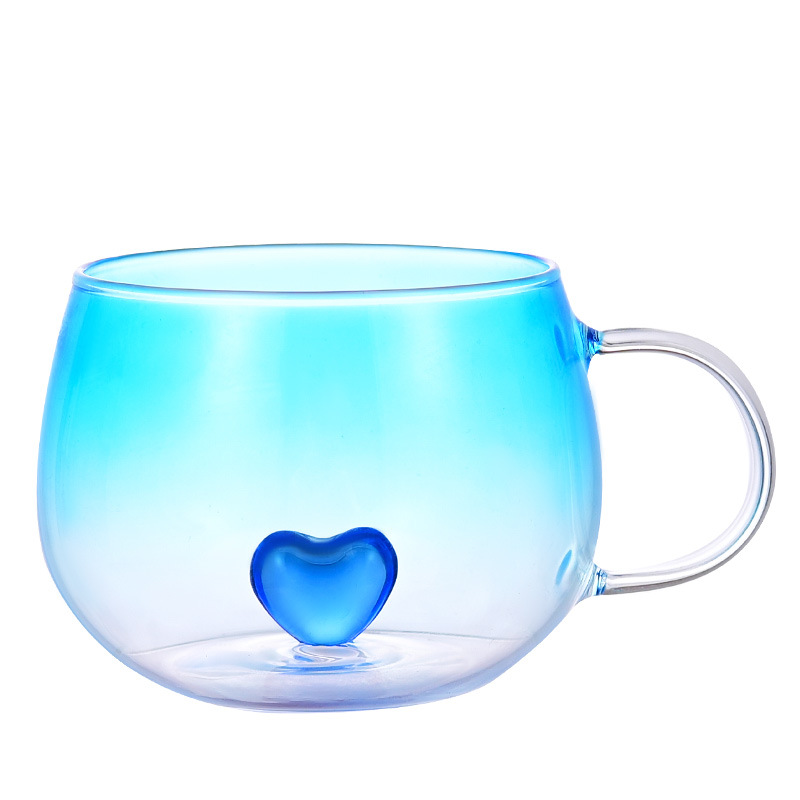 Wholesale high-appearance-level heart-shaped glass cups, gradient color household high-temperature resistant breakfast cups, large-capacity single-layer coffee cups Item Picture