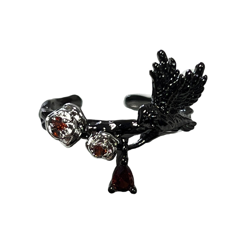 Dark Gothic style black crow opening ring, unique, trendy, fashionable, niche and distinctive design punk ring Item Picture