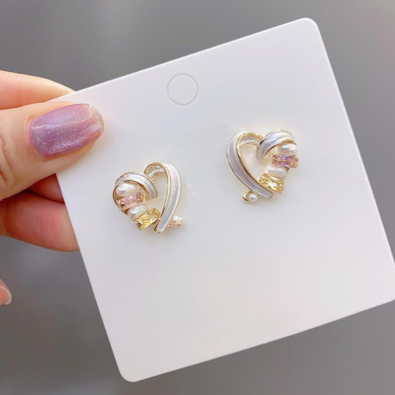 s925 Silver Needle Japanese and Korean new sweet heart-shaped pearl zircon stud earrings, women's summer versatile design earrings and earrings Specification drawing