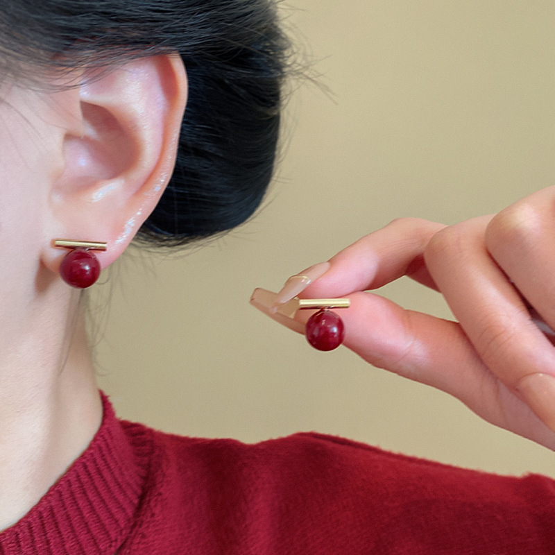 Ankela red bead earrings for women, light luxury, fashionable, retro stud earrings, high-end feel, 925 silver needle earrings wholesale details Picture